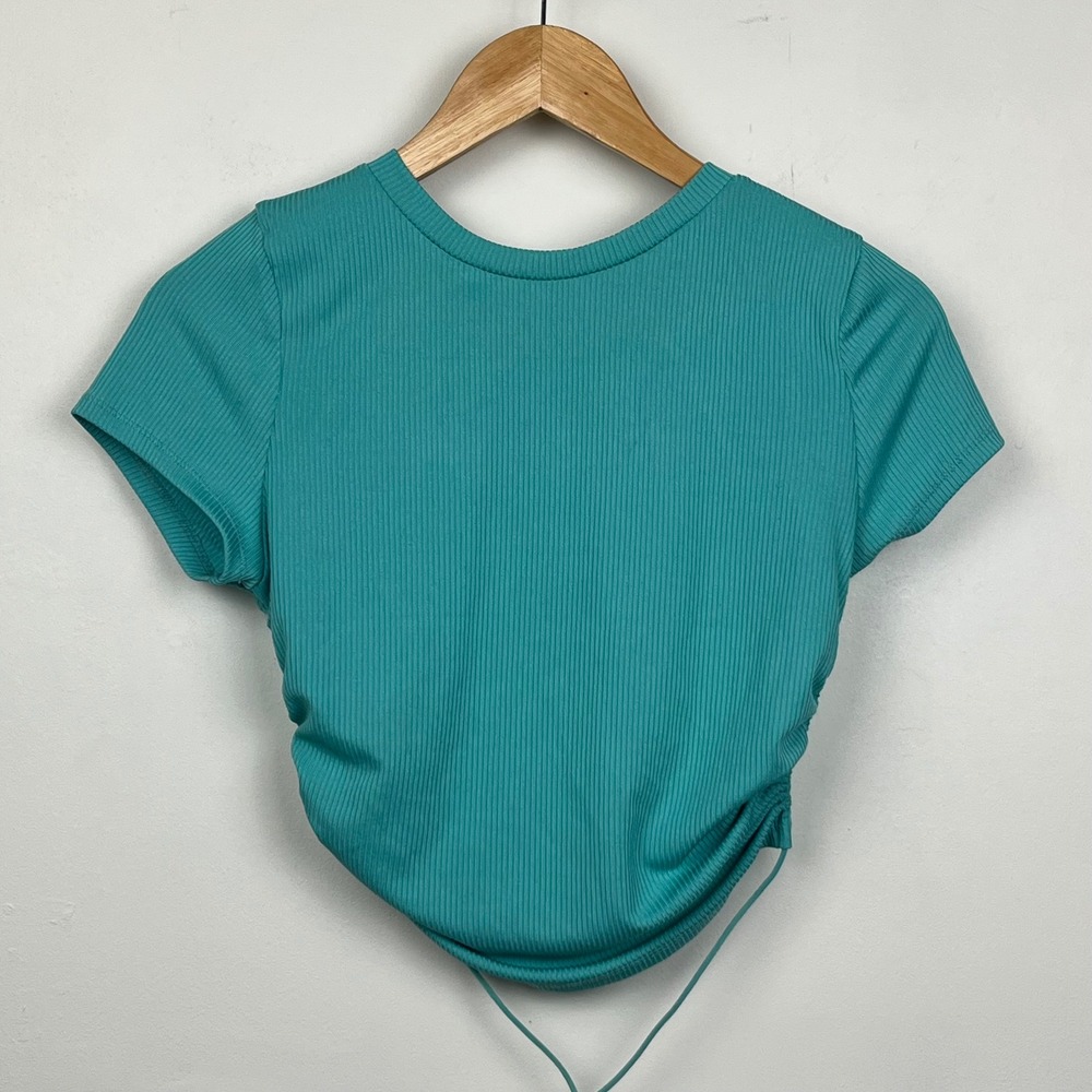 LOVE J Open Back Ribbed Crop Top M Teal Y2K Streetwear